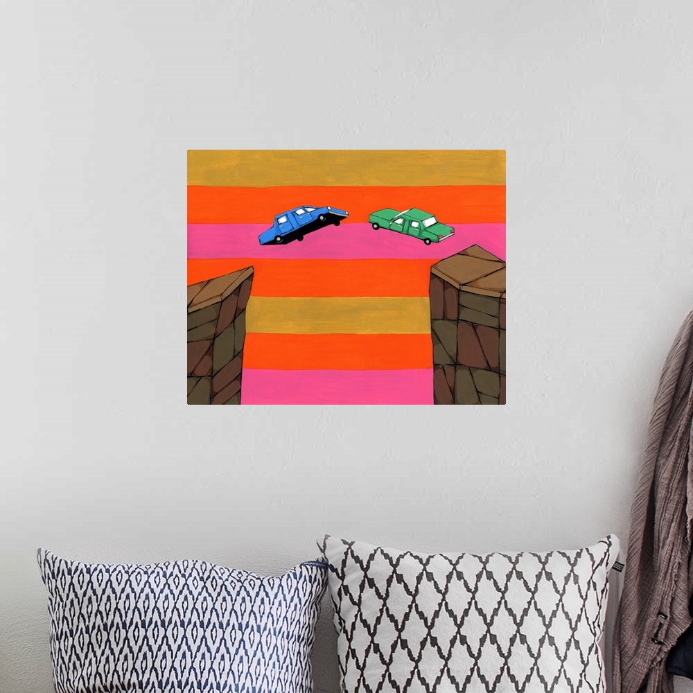 A bohemian room featuring Painting of two cars jumping off cliffs towards each other with a gold, orange, and pink striped ...