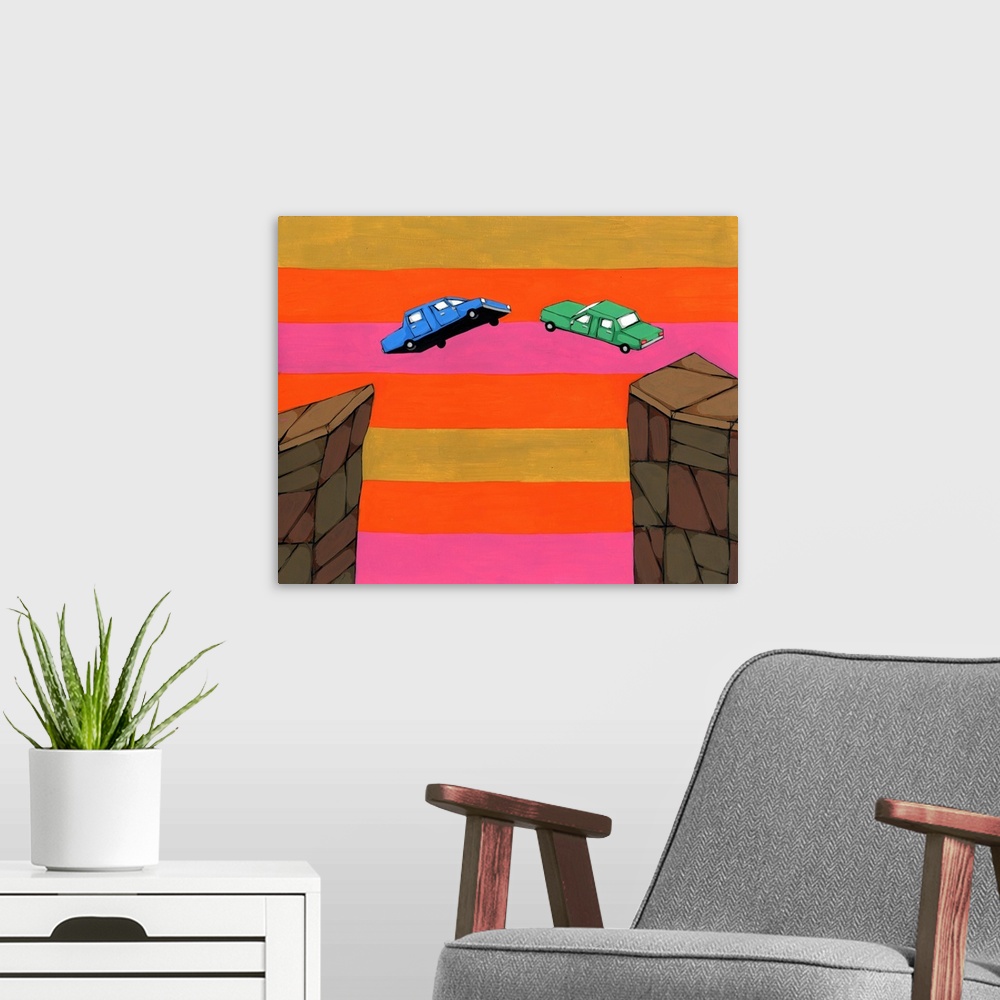 A modern room featuring Painting of two cars jumping off cliffs towards each other with a gold, orange, and pink striped ...