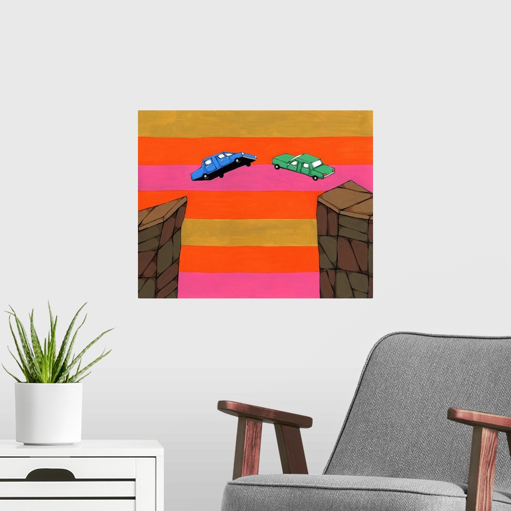 A modern room featuring Painting of two cars jumping off cliffs towards each other with a gold, orange, and pink striped ...