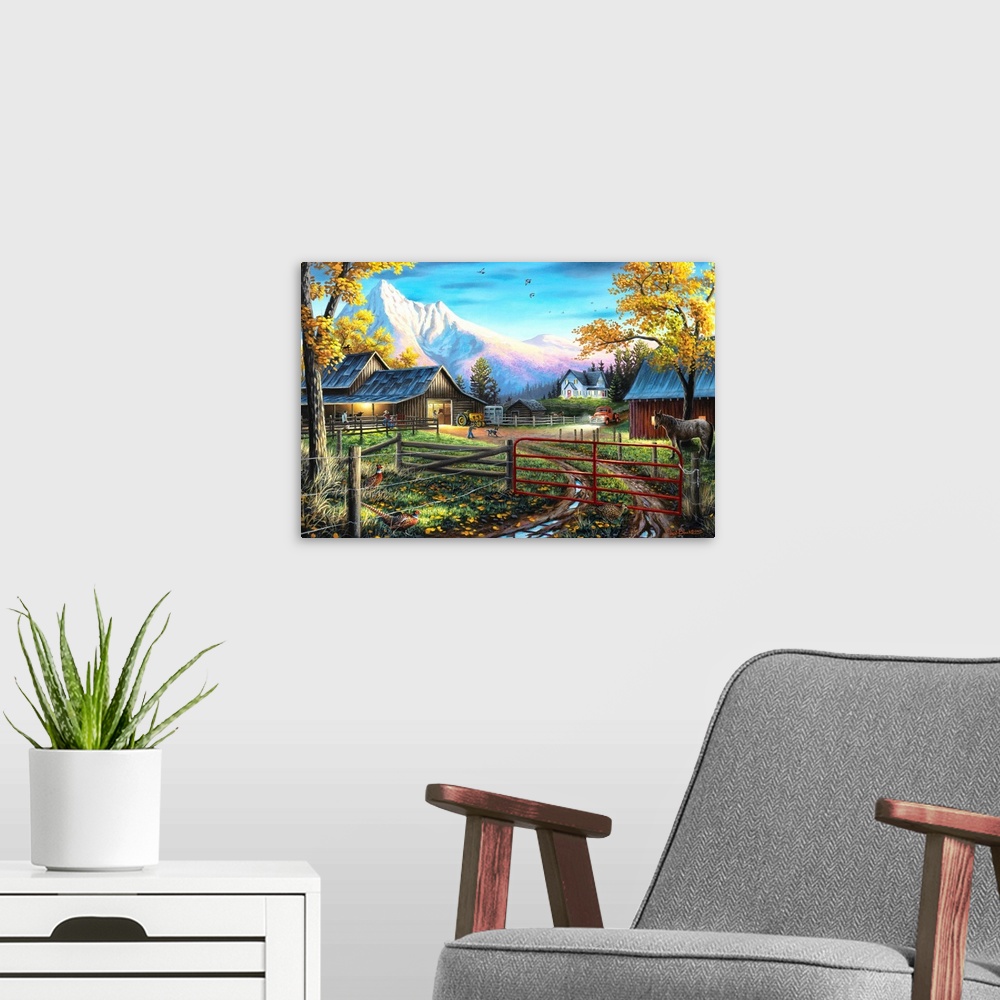 A modern room featuring Contemporary painting of a small farm with animals running around and large snow covered mountain...