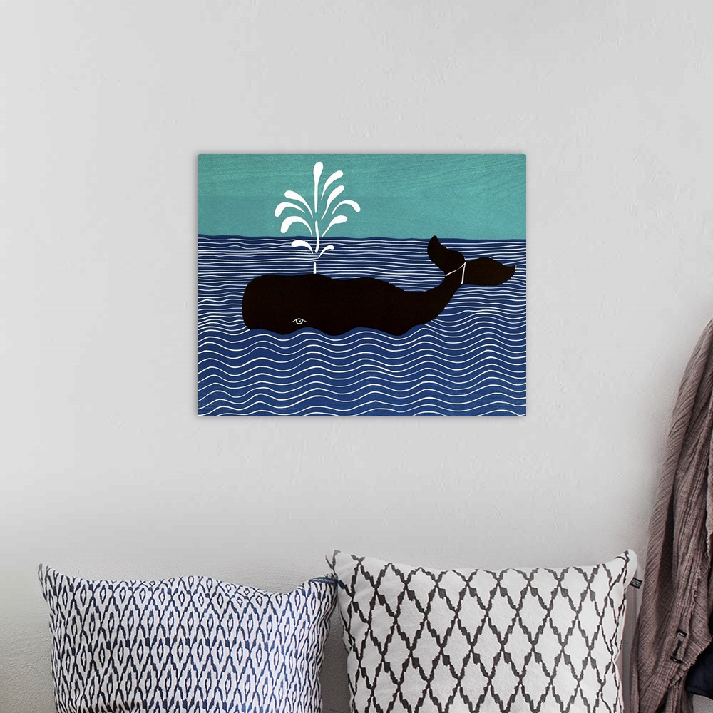 A bohemian room featuring Illustration of a whale in the middle of the ocean spraying water from it's blowhole.