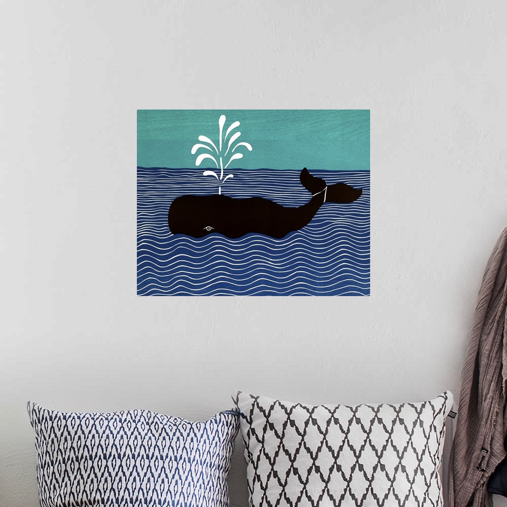 A bohemian room featuring Illustration of a whale in the middle of the ocean spraying water from it's blowhole.