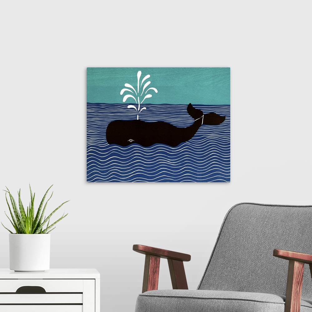 A modern room featuring Illustration of a whale in the middle of the ocean spraying water from it's blowhole.