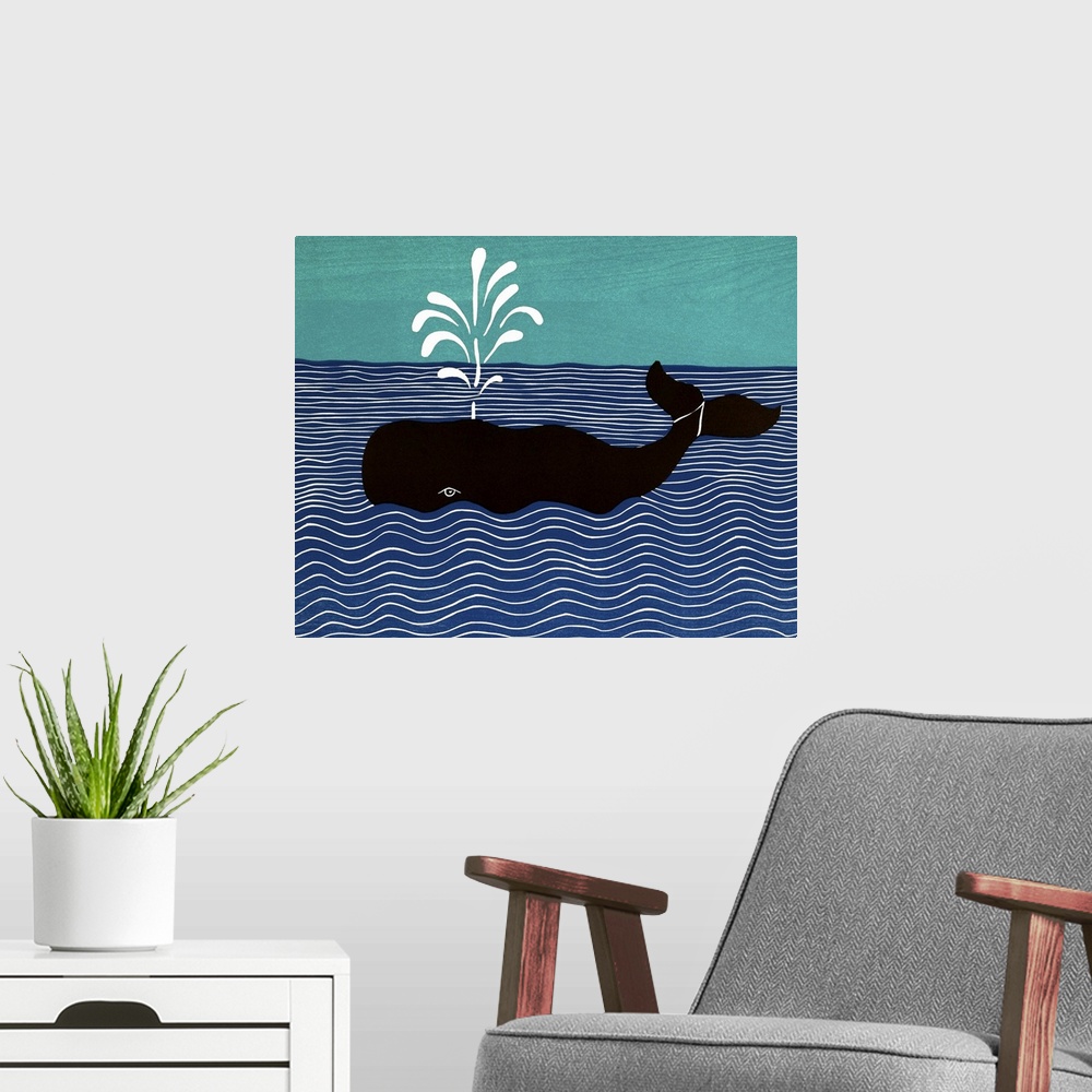 A modern room featuring Illustration of a whale in the middle of the ocean spraying water from it's blowhole.