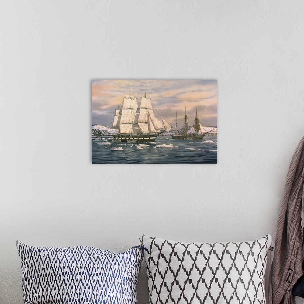 A bohemian room featuring Contemporary painting of a ship sailing the open sea.