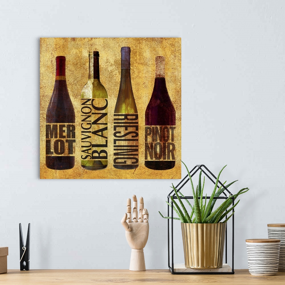 A bohemian room featuring Four bottles of wine, including Merlot, Sauvignon Blanc, Riesling, and Pinot Noir.