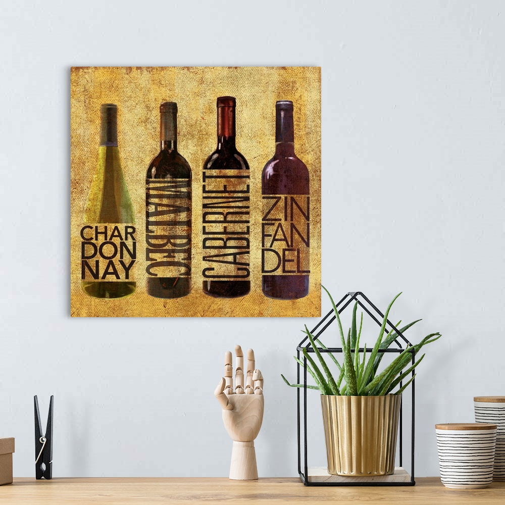A bohemian room featuring Four bottles of wine, including Chardonnay, Malbec, Cabernet, and Zinfandel.