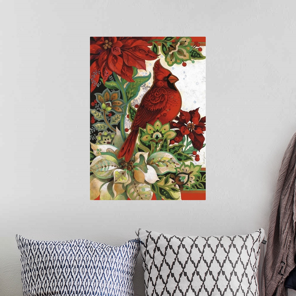 A bohemian room featuring Contemporary artwork of a cardinal perched around lush flowers.
