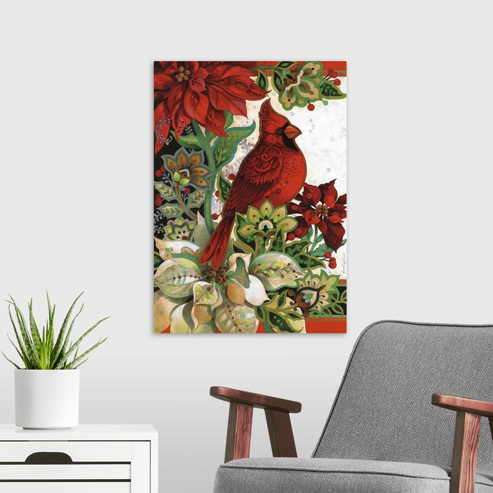 A modern room featuring Contemporary artwork of a cardinal perched around lush flowers.