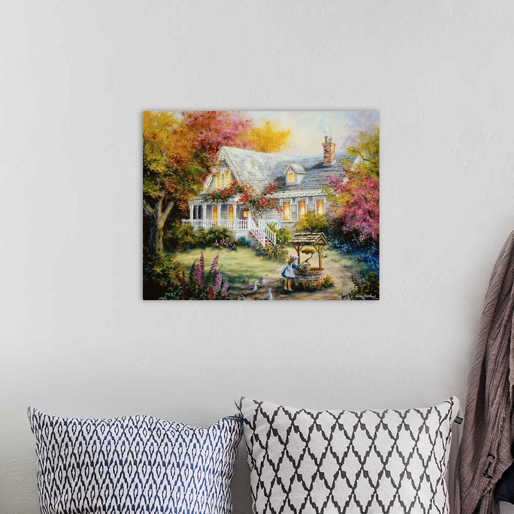 A bohemian room featuring Painting of a scene featuring house with glowing windows. Product is a painting reproduction only...