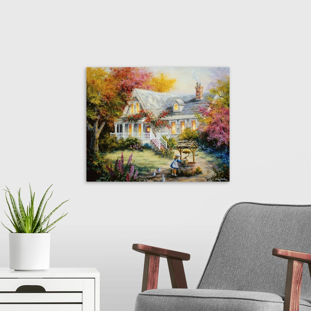 A modern room featuring Painting of a scene featuring house with glowing windows. Product is a painting reproduction only...