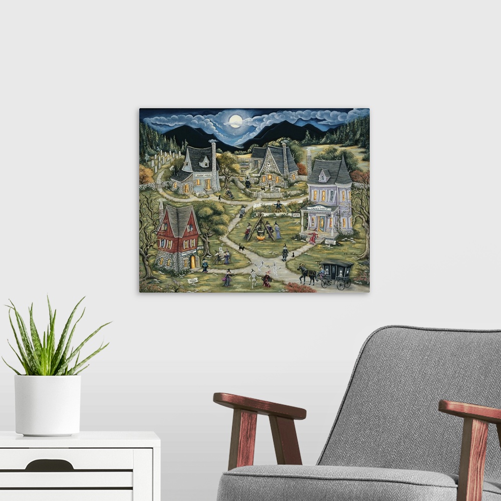 A modern room featuring Cottages and a victorian house with witches in center of town around cauldron and cemetary behind...