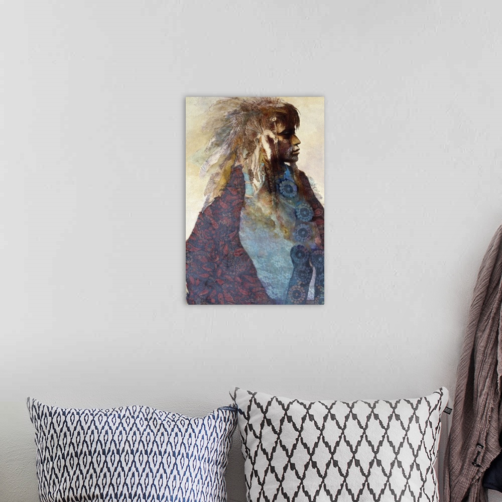 A bohemian room featuring A contemporary painting of a male figure standing in profile draped in a colorful patterned blank...