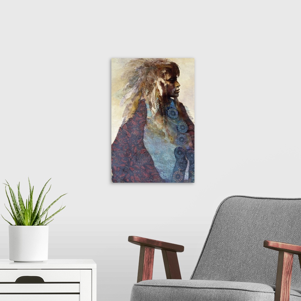 A modern room featuring A contemporary painting of a male figure standing in profile draped in a colorful patterned blank...