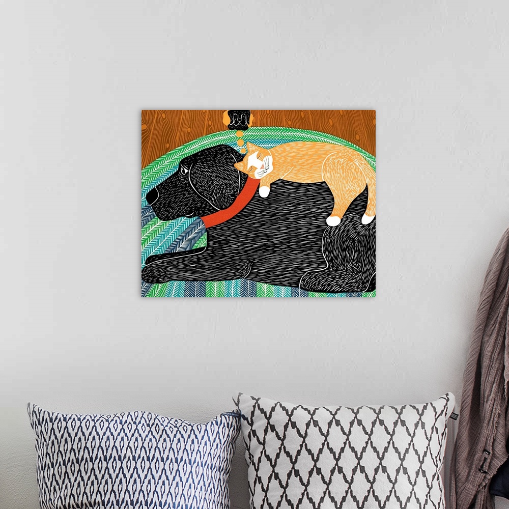A bohemian room featuring Illustration of an orange cat napping on a black labs back dreaming of the dog while the dog lays...