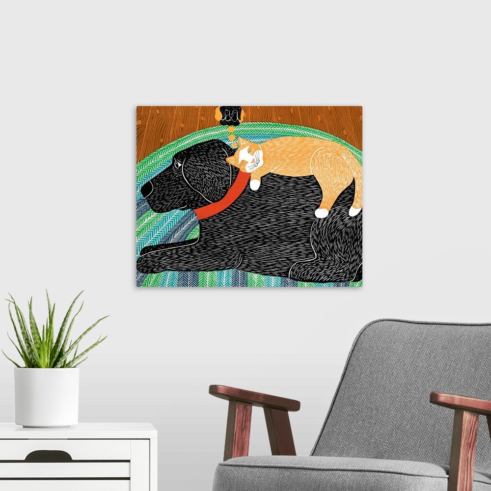 A modern room featuring Illustration of an orange cat napping on a black labs back dreaming of the dog while the dog lays...