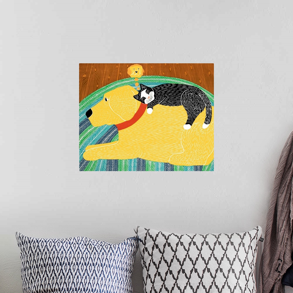 A bohemian room featuring Illustration of a black cat napping on a yellow labs back dreaming of the dog while the dog lays ...
