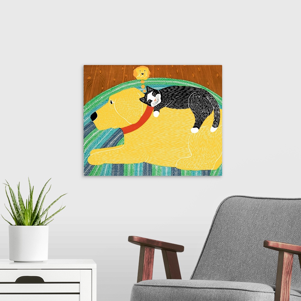 A modern room featuring Illustration of a black cat napping on a yellow labs back dreaming of the dog while the dog lays ...
