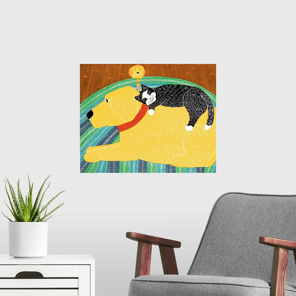 A modern room featuring Illustration of a black cat napping on a yellow labs back dreaming of the dog while the dog lays ...