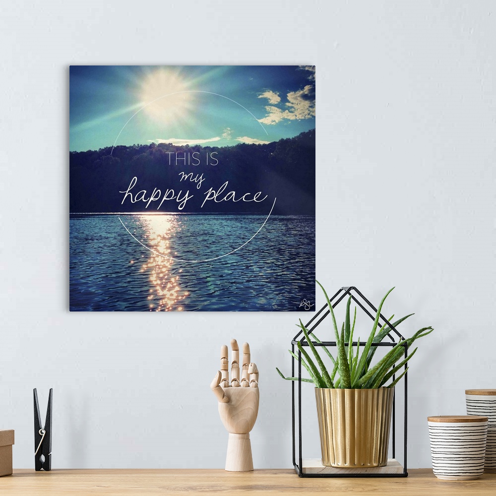 A bohemian room featuring Motivational text against background photograph of a lake scene.