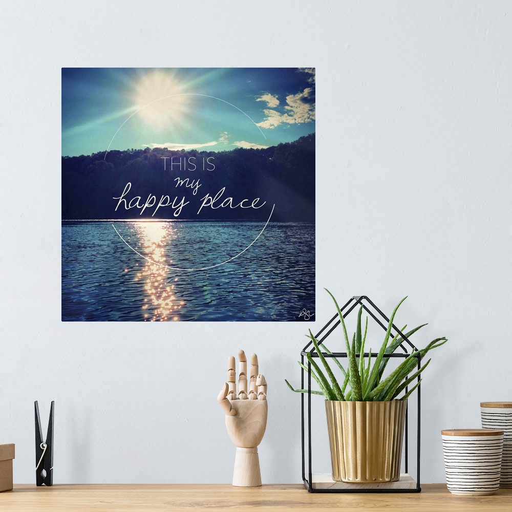 A bohemian room featuring Motivational text against background photograph of a lake scene.