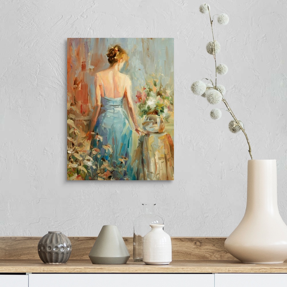 A farmhouse room featuring Large painting of a woman in a dress with her back towards the viewer surrounded by flowers print...