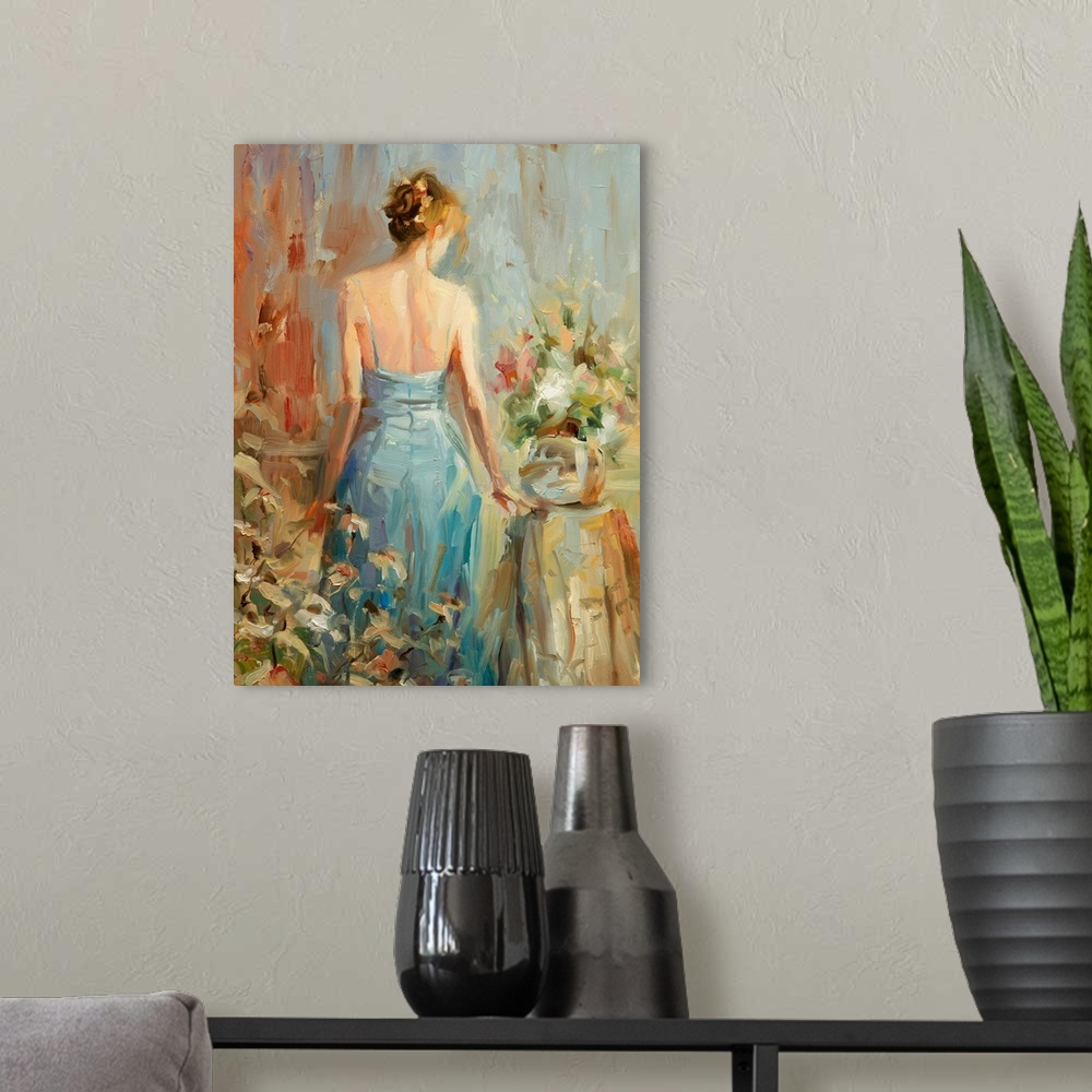 A modern room featuring Large painting of a woman in a dress with her back towards the viewer surrounded by flowers print...