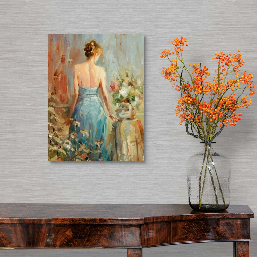 A traditional room featuring Large painting of a woman in a dress with her back towards the viewer surrounded by flowers print...