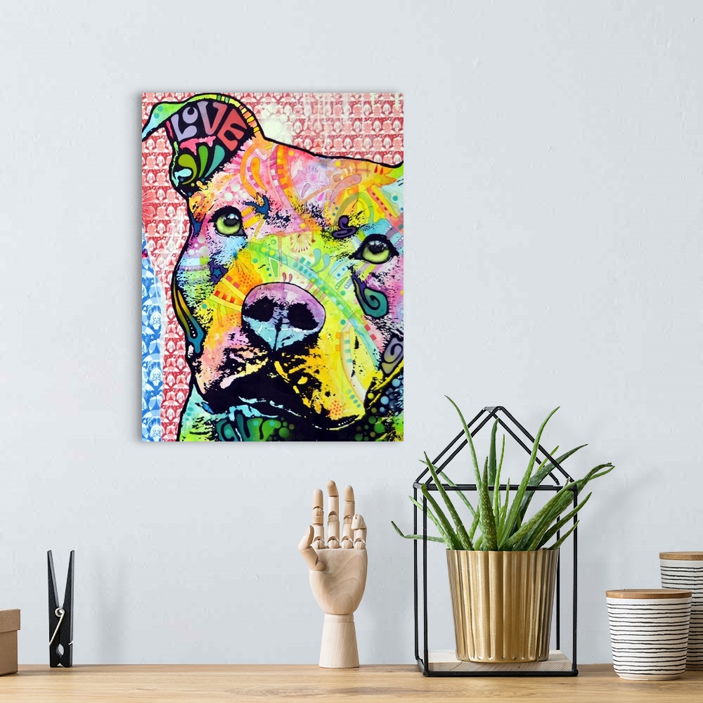 A bohemian room featuring Vertical digital artwork on a large wall hanging of the face of a pit bull dog, filled with vibra...
