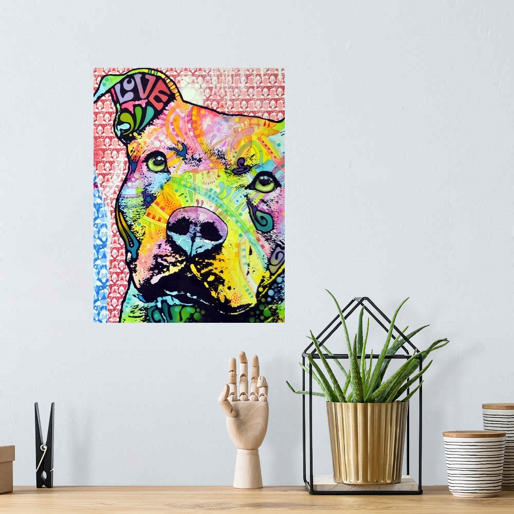 A bohemian room featuring Vertical digital artwork on a large wall hanging of the face of a pit bull dog, filled with vibra...