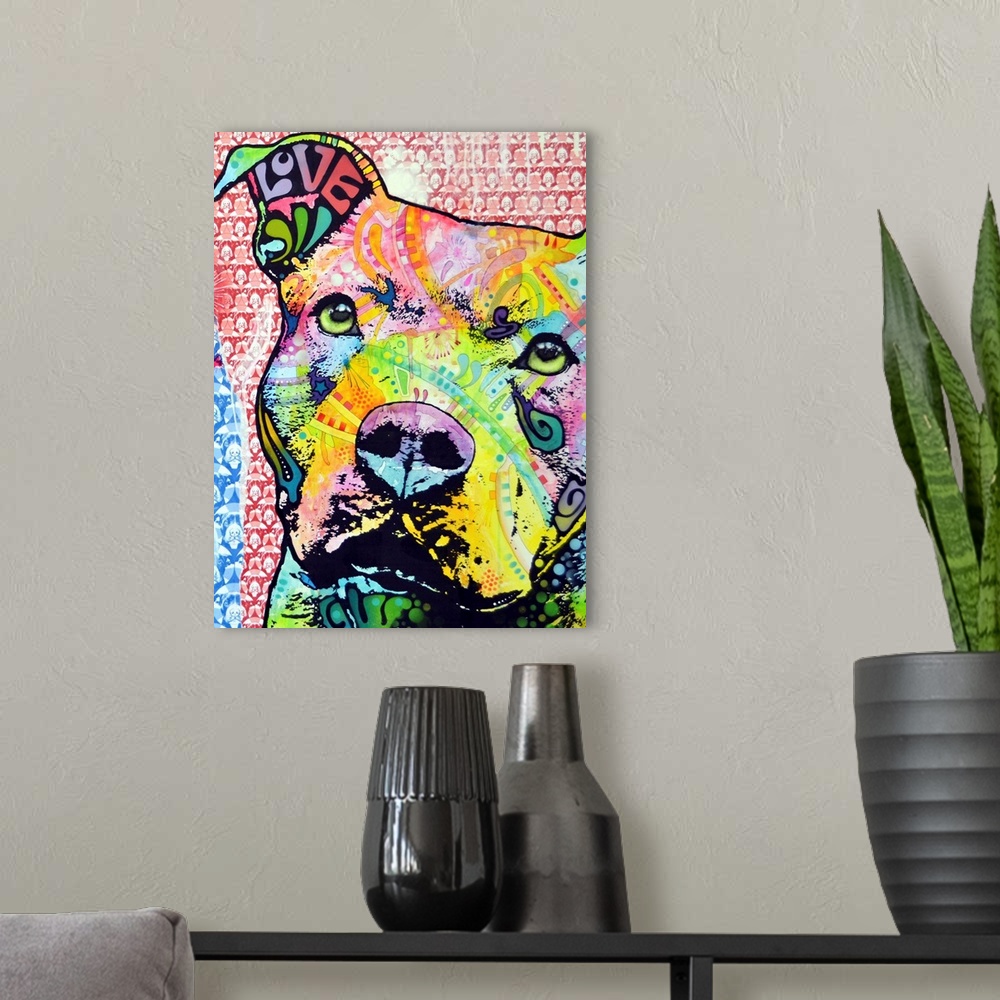 A modern room featuring Vertical digital artwork on a large wall hanging of the face of a pit bull dog, filled with vibra...