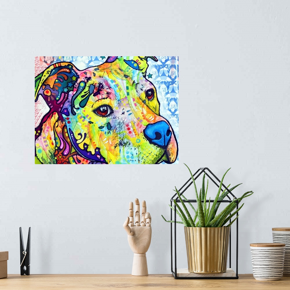 A bohemian room featuring Contemporary artwork of a dog's outline filled with several multicolored patterns with a repeatin...