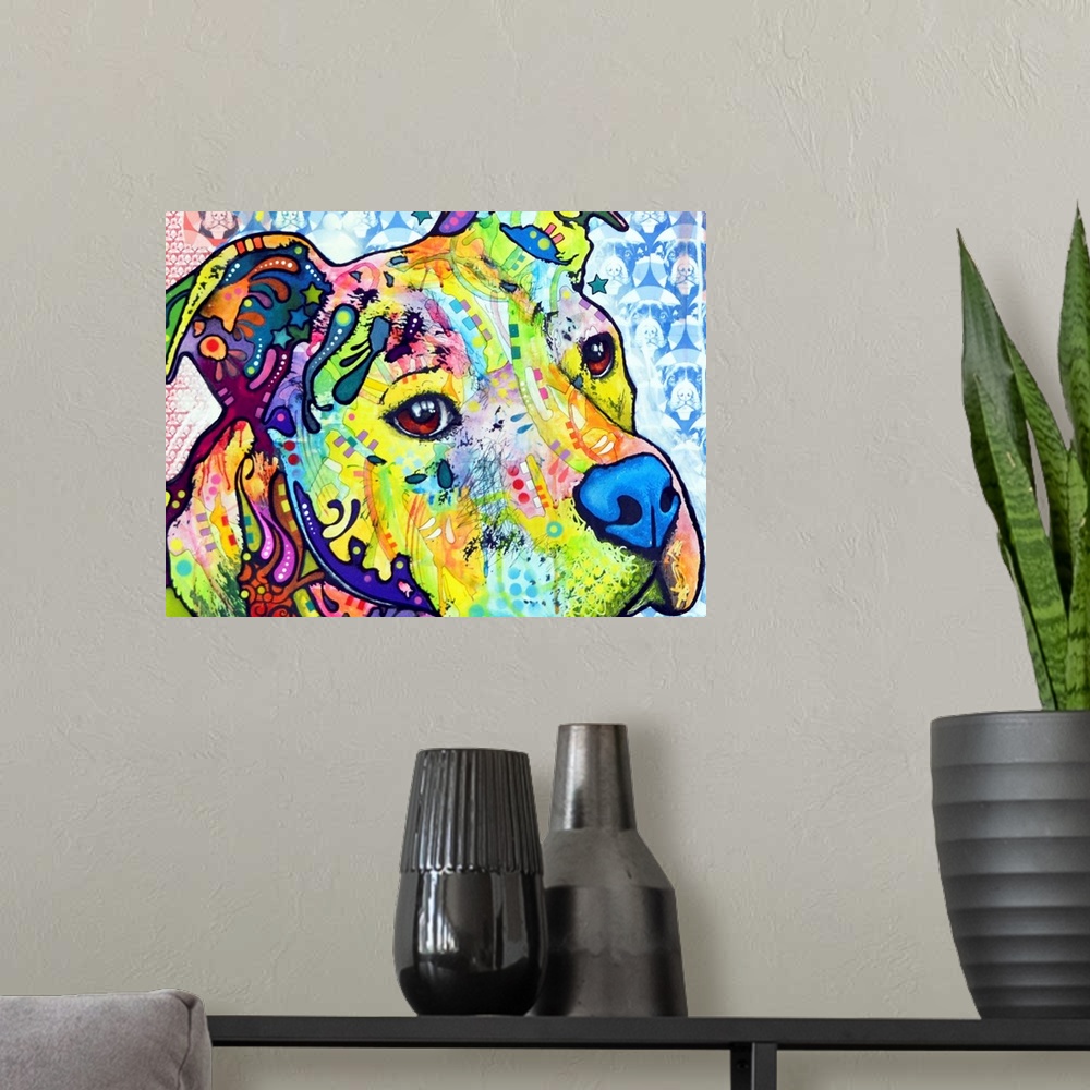 A modern room featuring Contemporary artwork of a dog's outline filled with several multicolored patterns with a repeatin...