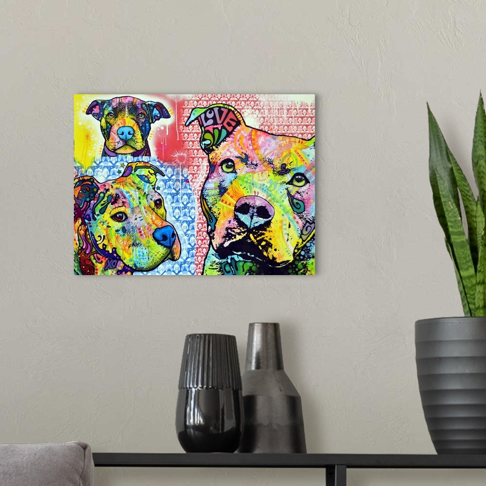 A modern room featuring Abstractly painted canvas of three pit bulls with various patterns overlaid on top of them.