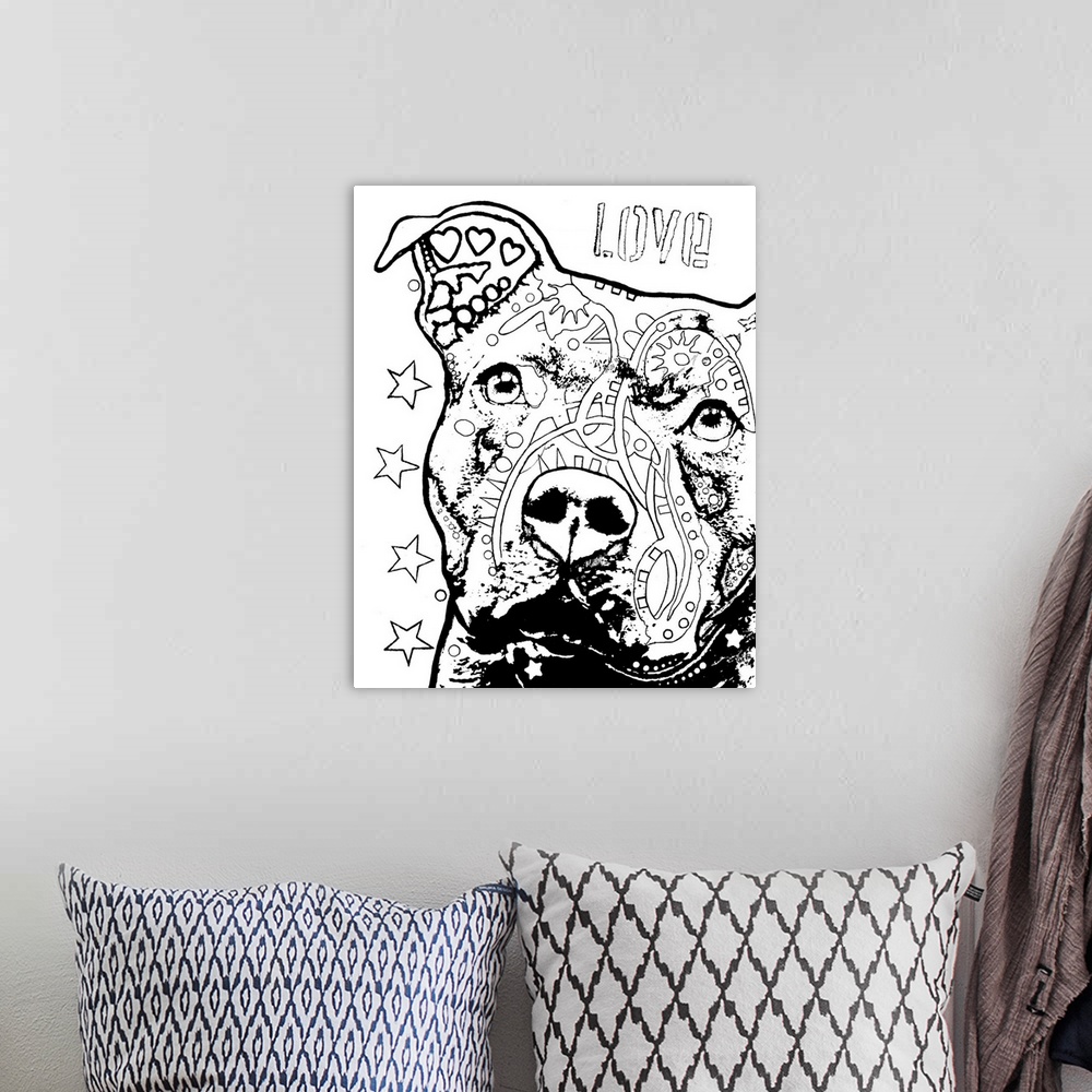 A bohemian room featuring Black and white illustration of a pit bull with abstract markings on its face on a solid white ba...