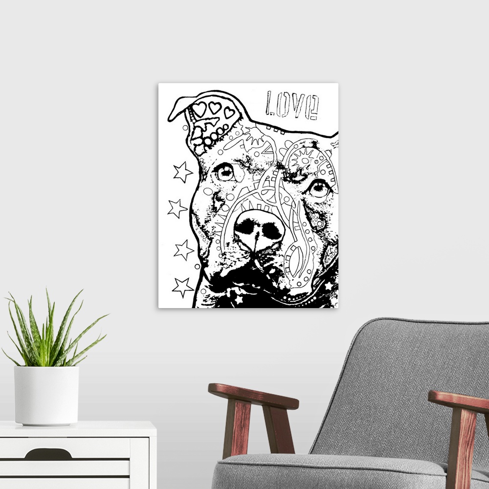 A modern room featuring Black and white illustration of a pit bull with abstract markings on its face on a solid white ba...