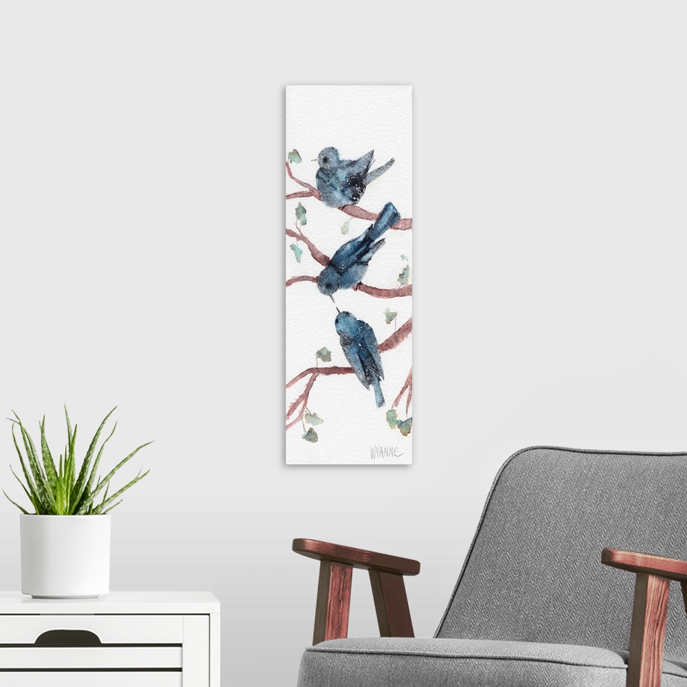 A modern room featuring Three blue watercolor birds sitting in branches.