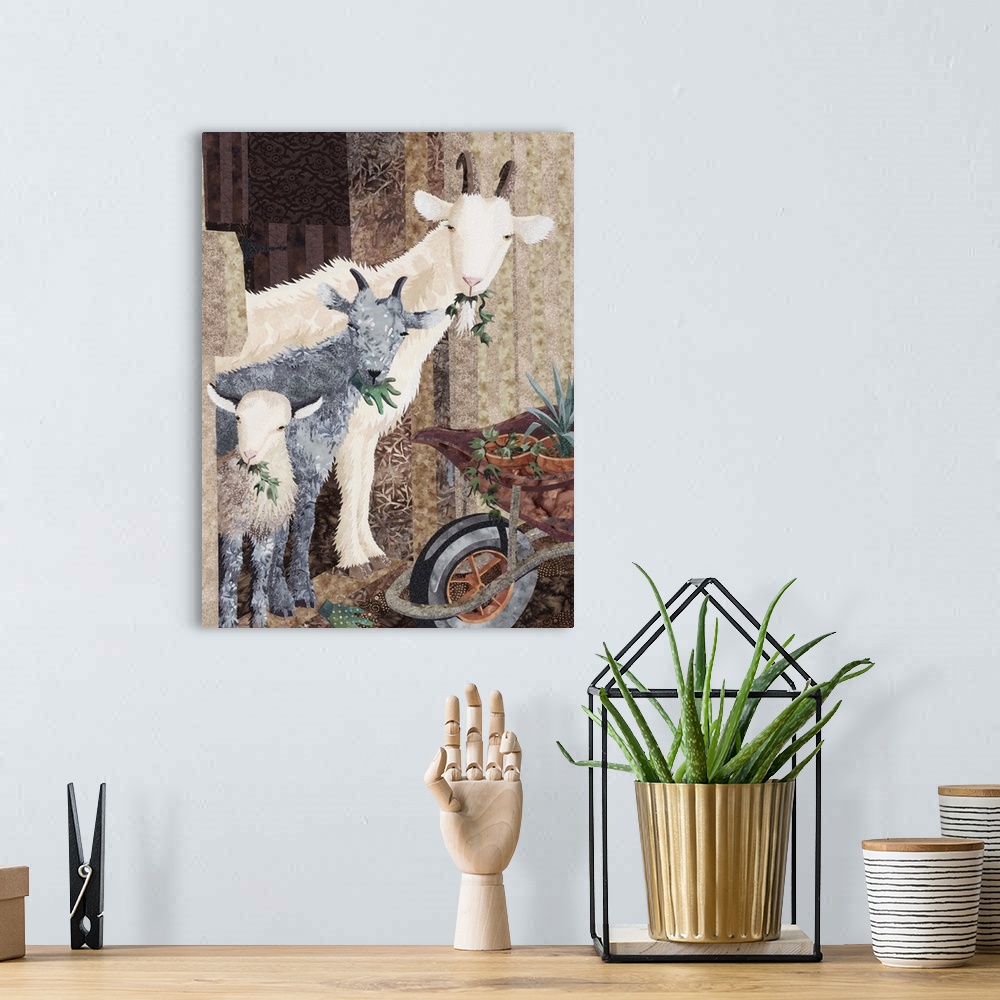 A bohemian room featuring Contemporary colorful fabric art of a three goats all eating.
