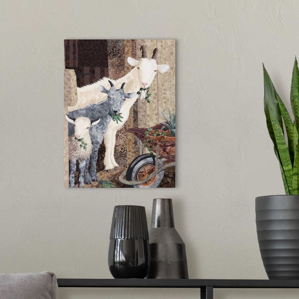 A modern room featuring Contemporary colorful fabric art of a three goats all eating.