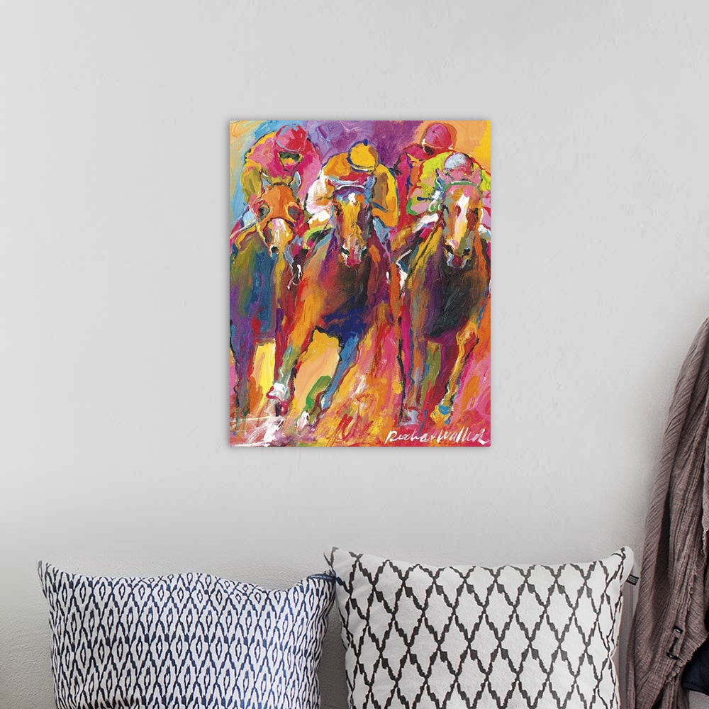 A bohemian room featuring Contemporary colorful painting of jockeys racing on horseback.