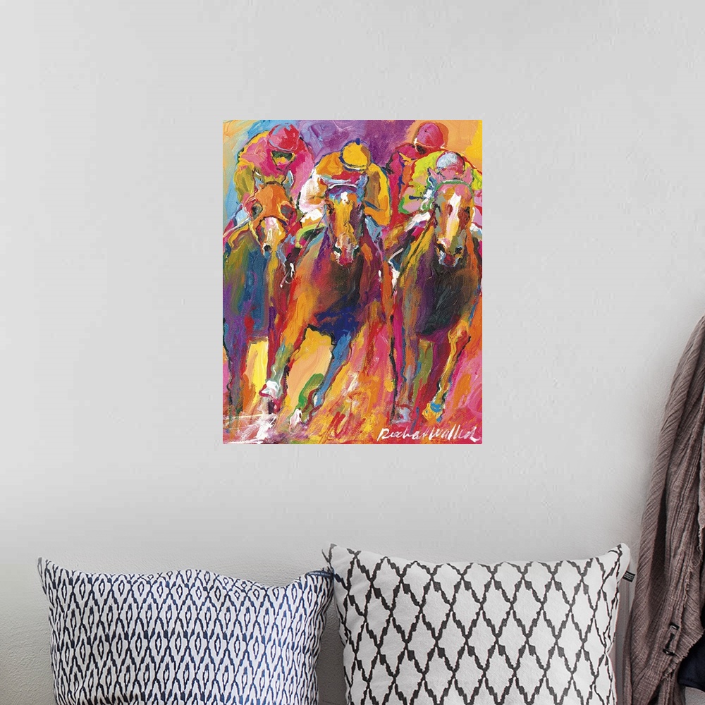 A bohemian room featuring Contemporary colorful painting of jockeys racing on horseback.