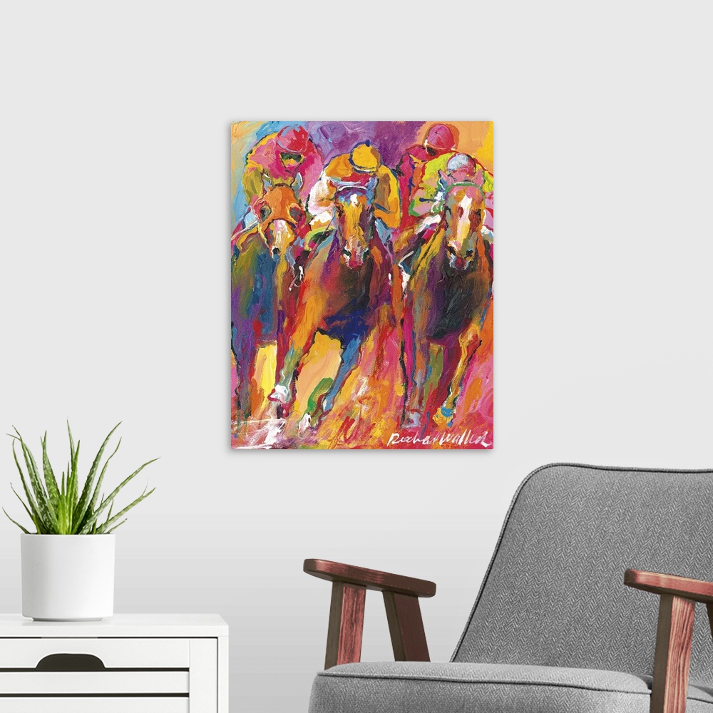 A modern room featuring Contemporary colorful painting of jockeys racing on horseback.