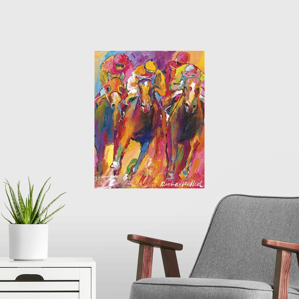A modern room featuring Contemporary colorful painting of jockeys racing on horseback.