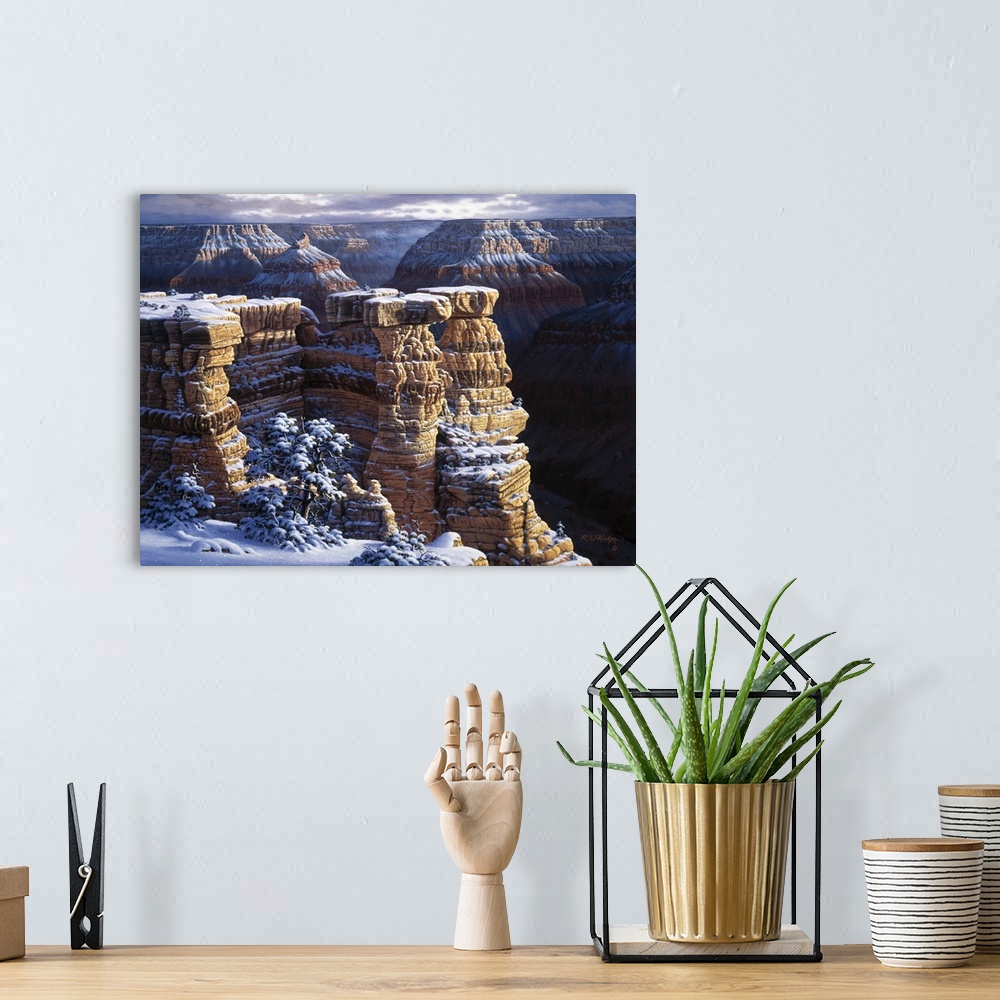 A bohemian room featuring Contemporary landscape painting of the Grand Canyon under winter snowfall.