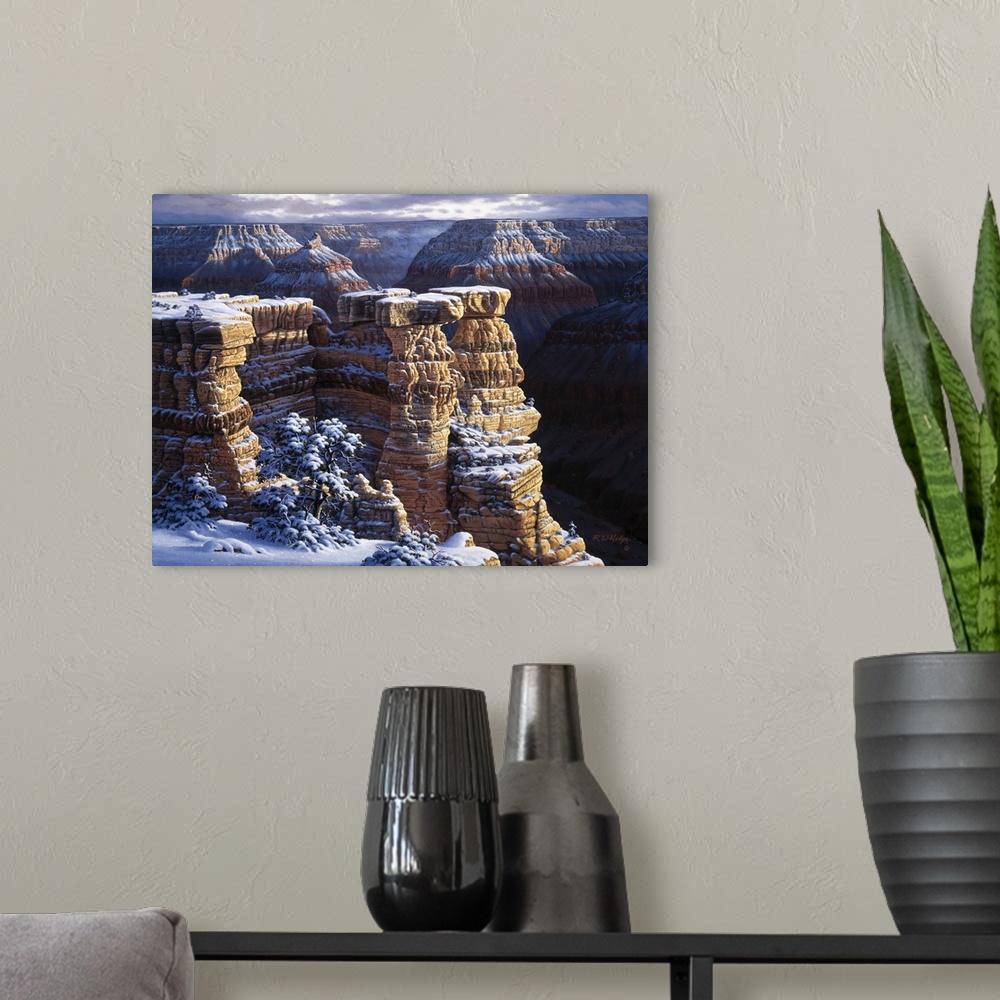 A modern room featuring Contemporary landscape painting of the Grand Canyon under winter snowfall.