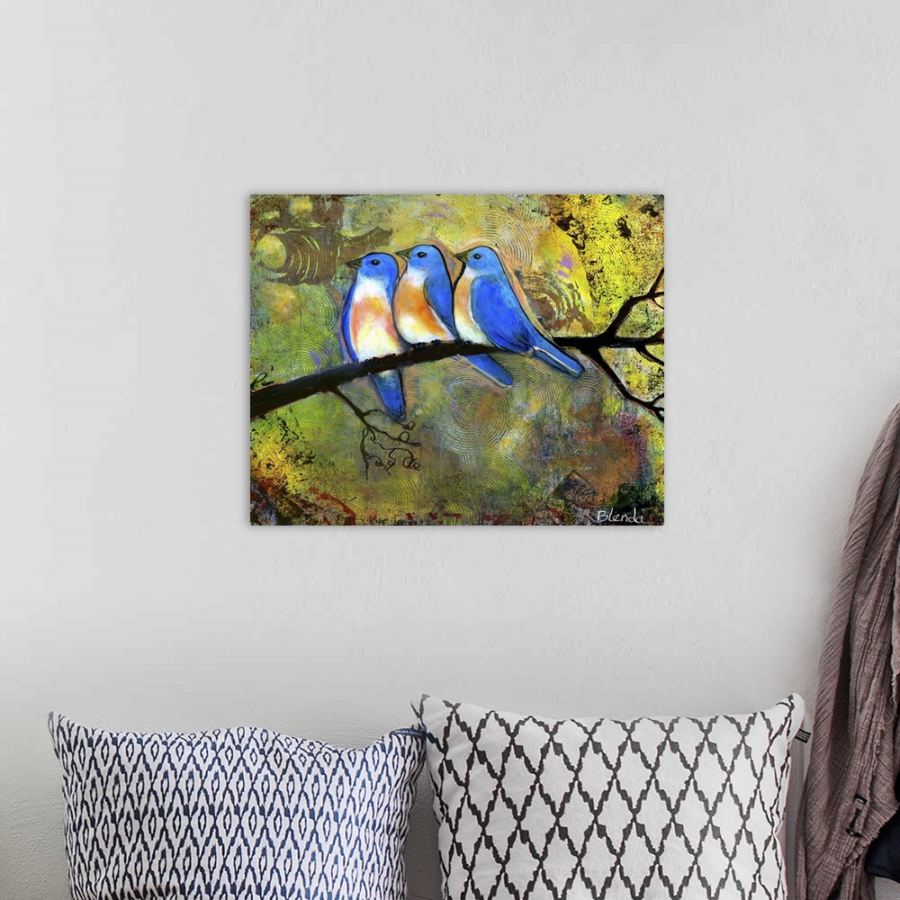 A bohemian room featuring Lighthearted contemporary painting of three bluebird perched on a tree branch.
