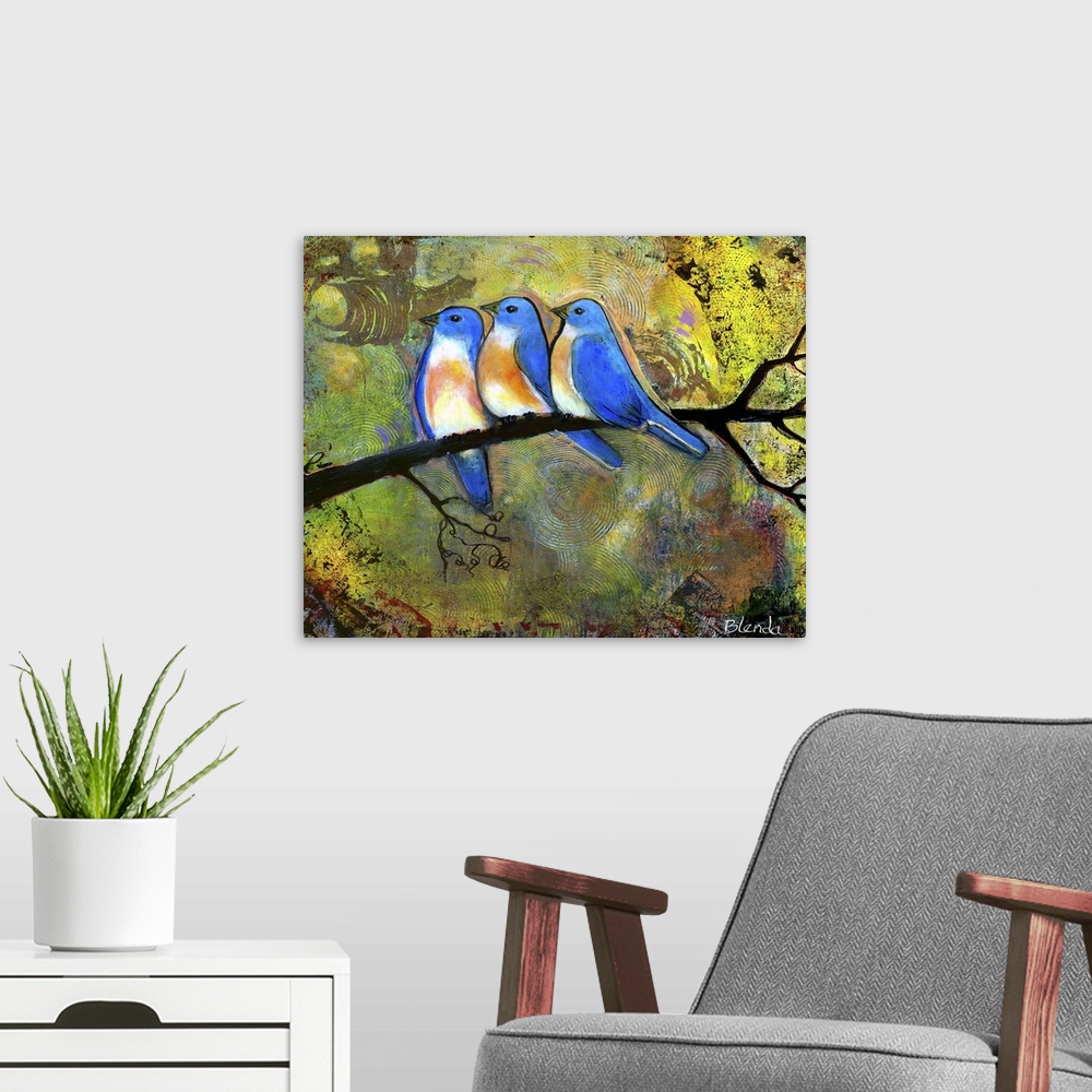 A modern room featuring Lighthearted contemporary painting of three bluebird perched on a tree branch.