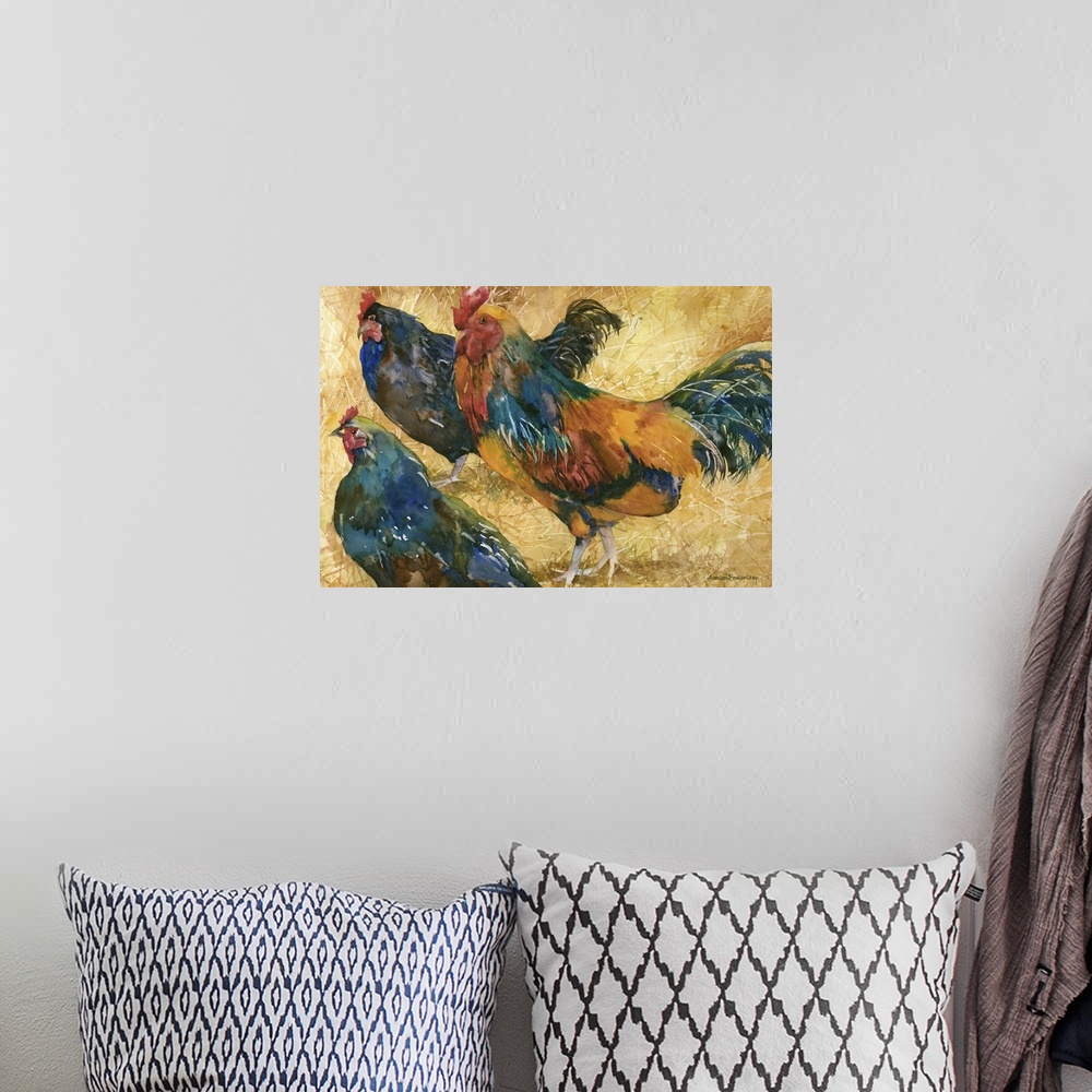 A bohemian room featuring Contemporary watercolor painting of roosters.