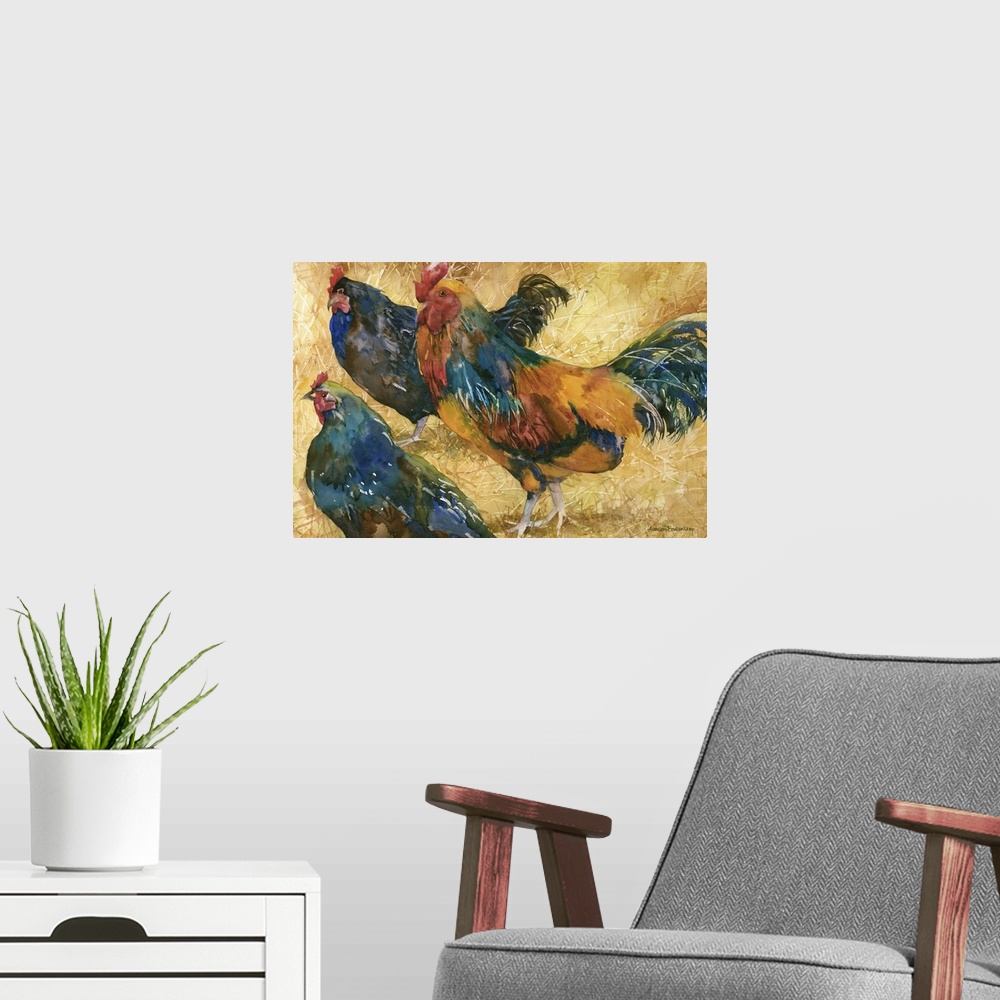 A modern room featuring Contemporary watercolor painting of roosters.