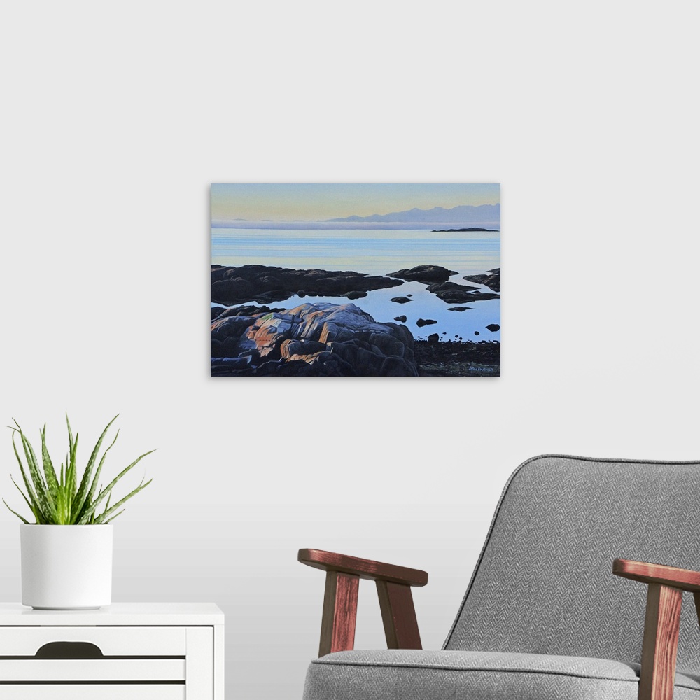A modern room featuring Contemporary painting of a view of a seascape from a rocky shore.